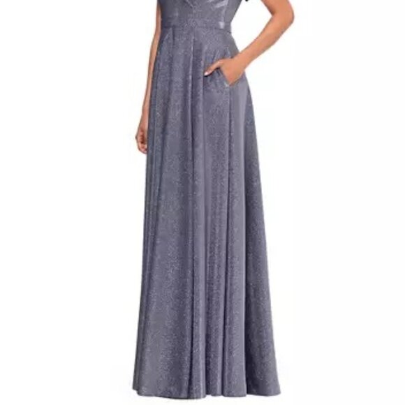 Off the Shoulder V-Neck Gunmetal Silver Sprakly Fit and Flare Gown Dress - Picture 4 of 5